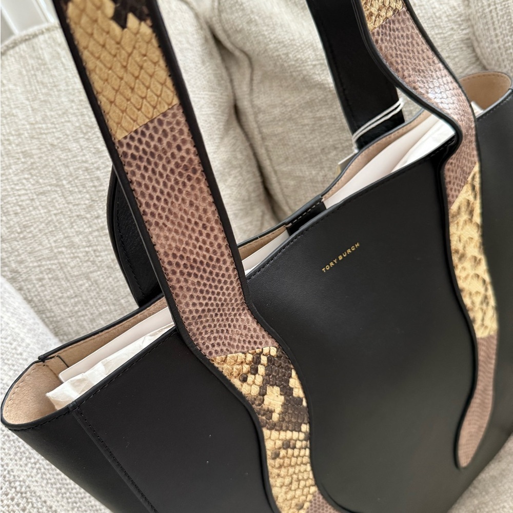 Tory Burch Black and Snake Print Tote - Picture 5 of 10